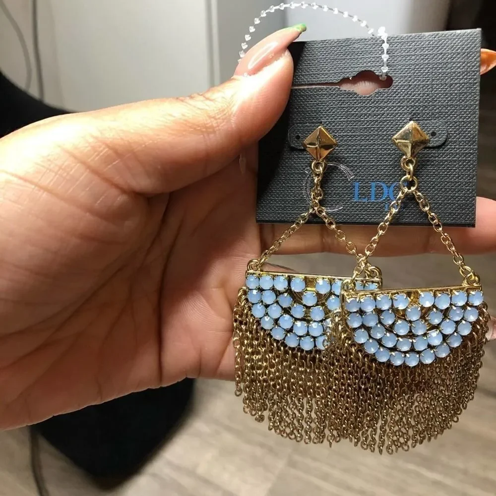2/$30 Light Blue n Gold Chandelier Dangle drop Earrings - Picture 3 of 7